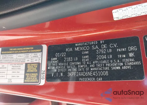 2022 Kia Forte Lxs from USA, damaged, VIN 3KPF24AD6NE451008